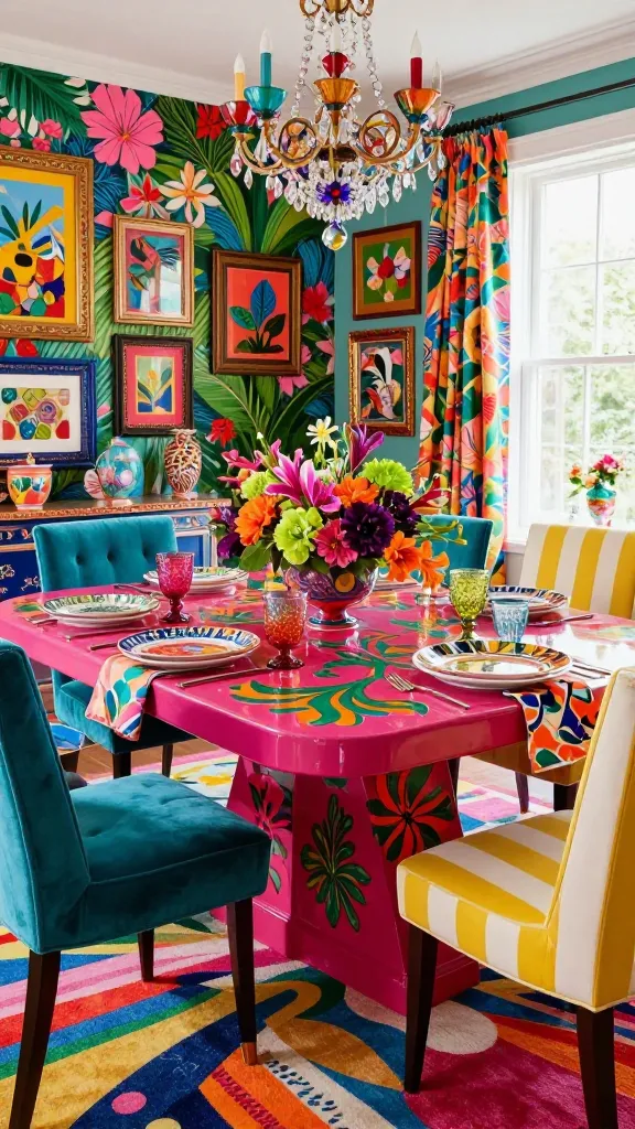 A high-quality, realistic photograph capturing a vibrant maximalist dining room bursting with personality and color. The focal point is a large, rectangular dining table, its surface a glossy, deep fuchsia with an intricate, inlaid swirling floral pattern in emerald green and bright orange. Around the table, an eclectic mix of dining chairs are arranged; some are upholstered in rich turquoise velvet with a subtle leopard print, while others feature bold yellow and white vertical stripes. The table is exquisitely set with mismatched, colorful ceramic plates showcasing diverse patterns like abstract geometrics and exotic botanicals, paired with contrasting patterned fabric napkins and unique, colored glass tumblers. A lavish, overflowing centerpiece of exotic flowers in fuchsia, orange, deep purple, and lime green dominates the table. The walls are adorned with a daring, large-scale tropical floral wallpaper in a mix of bright pinks, greens, and blues, partially layered with a vibrant gallery wall featuring an array of diverse artworks in ornate, jewel-toned frames. A plush, multi-patterned rug, blending stripes, polka dots, and abstract shapes in bold primary and secondary colors, covers the floor. Overhead, a whimsical, multi-tiered chandelier crafted from colorful glass and crystal hangs. Natural light streams in from a large window, illuminating the rich textures and intense, saturated colors, creating an atmosphere of joyful abundance and playful sophistication. No text.