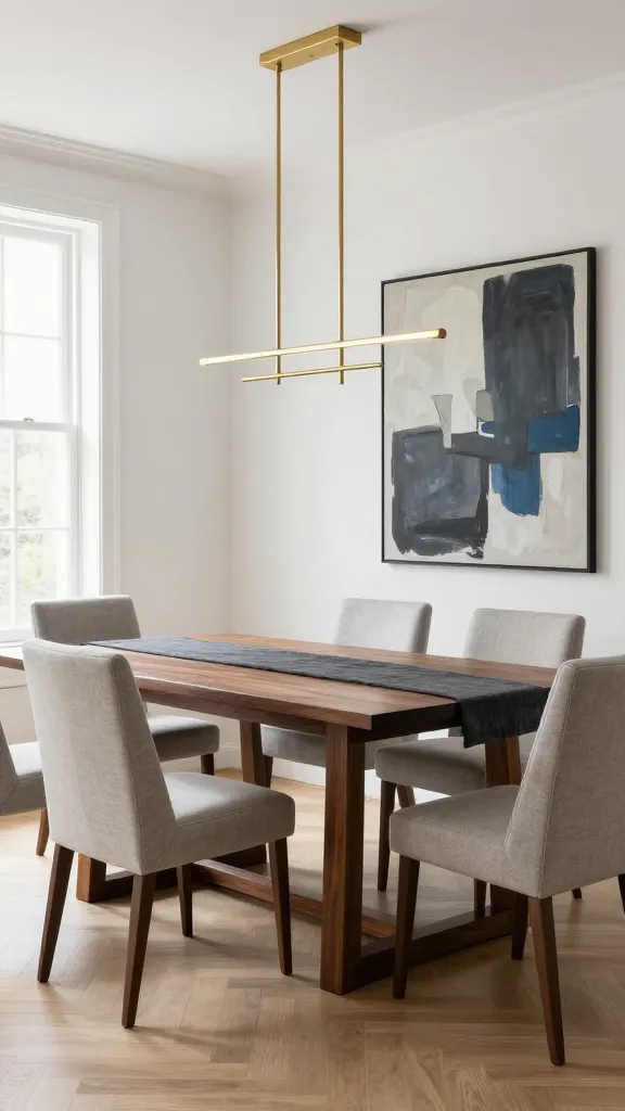 A high-quality, realistic photograph of a sophisticated classic contemporary dining room. A substantial, rectangular dining table crafted from rich, dark walnut wood takes center stage, surrounded by six elegantly upholstered dining chairs in a light greige fabric with clean, contemporary lines and dark wood legs. Soft white walls and light oak herringbone flooring establish a bright, neutral base. A large abstract artwork featuring muted charcoal and deep blue tones adorns one wall, providing a sophisticated accent. Above the table, a modern brass chandelier with clean geometric forms casts a warm glow, adding a subtle metallic touch. A simple charcoal linen table runner subtly enhances the neutral setting. Natural light streams in from a large window, illuminating the space and highlighting the textures. The room exudes a refined yet comfortable ambiance, blending timeless elegance with fresh, modern sensibility.