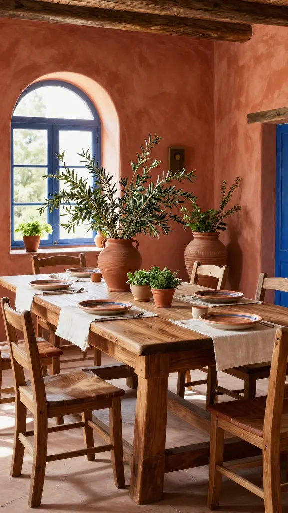 A sun-drenched Mediterranean dining room, centered around a large, heavy, distressed solid wood dining table. The room exudes rustic charm and a relaxed, al fresco feel, with textured walls painted in warm terracotta and ochre hues. Subtle accents of deep blues and greens are incorporated through decorative elements. Crisp white and cream linen placemats are laid out on the table, accompanied by handcrafted ceramic dinnerware in earthy tones. Sunlight streams through an arched window, illuminating the space and highlighting natural textures. Rustic wooden chairs surround the table. Terracotta pots filled with lush olive branches and fragrant herbs are placed strategically, enhancing the warm, inviting ambiance. High-quality photograph, realistic, no text.