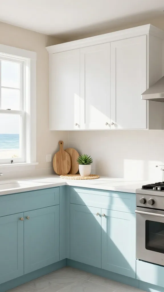 A realistic, high-quality photo of a beautifully styled kitchen showcasing a coastal serenity makeover. The upper kitchen cabinets are a bright, crisp white, while the lower cabinets are a soothing seafoam blue. The walls are painted a light, sandy beige, mimicking beach tones. Abundant natural light streams in through a large window, creating a bright, airy, and expansive atmosphere. On the clean white countertops, subtle natural accents include a light-toned wooden cutting board, a woven seagrass placemat, and a small potted green succulent, enhancing the seaside feel. The overall ambiance is calming, fresh, and inviting, with the breezy blue and white cabinetry as the focal point. No text.