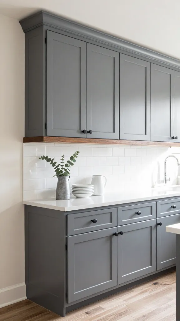 A high-angle, professional, realistic photograph showcasing a modern farmhouse kitchen cabinet makeover. The prominent feature is a run of classic Shaker-style kitchen cabinets painted in a sophisticated greige, extending along a warm off-white wall. These newly refinished cabinets are fitted with sleek matte black hardware, including pulls and knobs. A dark wood floating shelf is mounted above a section of the lower cabinets, displaying a couple of simple white ceramic dishes and a small galvanized metal pitcher with a sprig of eucalyptus. The countertop is a light, subtle quartz, and a simple white subway tile backsplash complements the cabinetry. Natural light streams in from an unseen window, illuminating the refined rustic details and highlighting the cozy, chic, and timeless aesthetic. The image captures the essence of a high-quality interior design magazine spread. No text.