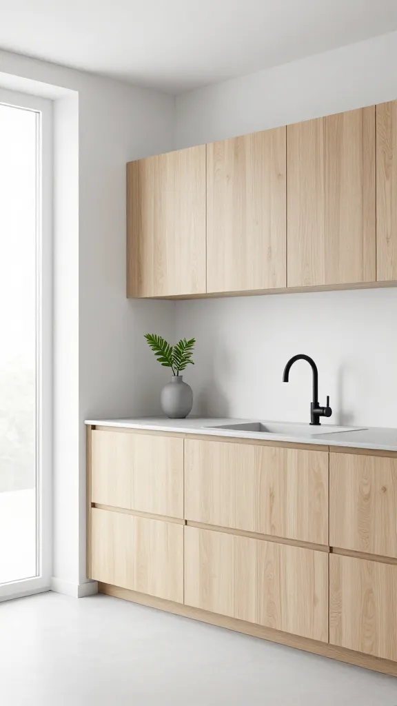 A highly detailed, professional architectural photograph of a sleek Scandinavian minimalist kitchen. The main focus is on the flat-panel kitchen cabinets, crafted from light blonde wood veneer with integrated, minimalist pull channels. The surrounding walls are pure white, creating an exceptionally bright and airy atmosphere, flooded with natural light from a large window. Countertops are a light grey, matte finish. Subtle accents include a slender black gooseneck faucet and a simple grey ceramic vase holding a single, vibrant green plant. The space is meticulously uncluttered, emphasizing clean lines and functional beauty. High resolution, sharp focus, realistic rendering.