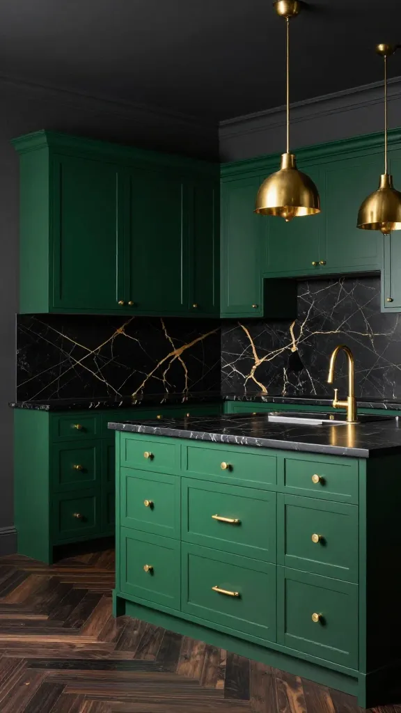 A luxurious and dramatic kitchen showcasing a recent cabinet makeover in a moody maximalist style. The custom cabinetry is a deep, rich emerald green, extending to the ceiling. Each cabinet and drawer features chunky, ornate brushed gold knobs and pulls. The walls are painted in a sophisticated, deep charcoal grey with a subtle texture, allowing the green cabinets to pop. A stunning backsplash of polished black marble with prominent, elegant gold veining extends from the matching black marble countertops to the upper cabinets. Above a central island, two large, ornate brass pendant lights cast a warm glow. A sleek gold gooseneck faucet adds another touch of opulence. Rich, dark herringbone wood flooring completes the high-end look. The scene is professionally photographed with soft, inviting lighting, emphasizing the jewel tones and metallic accents. Realistic, high-quality photo, no text.