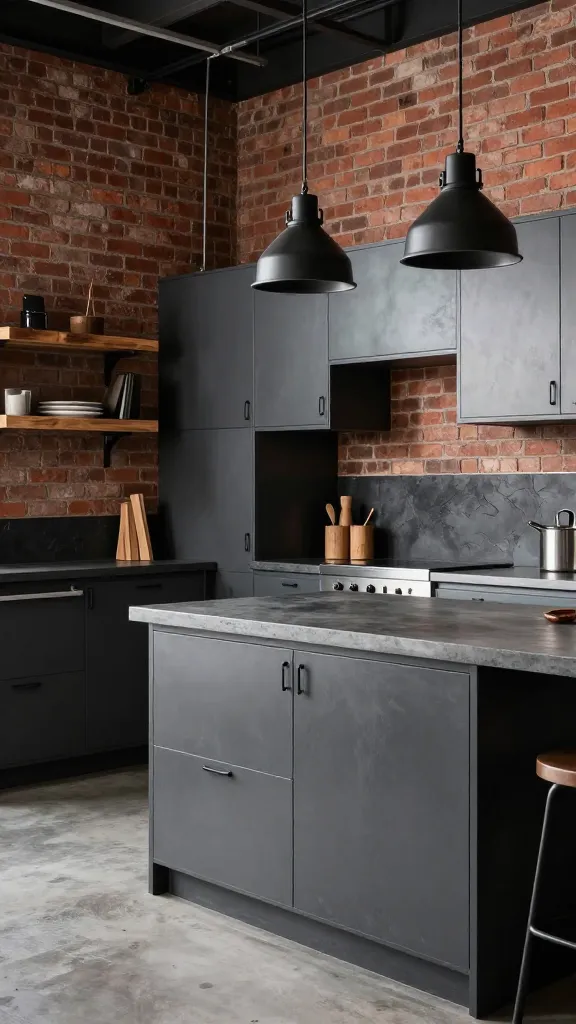 A high-quality, realistic photograph of a modern industrial chic kitchen. The focal point is a set of sleek, dark grey matte metal kitchen cabinets, some featuring simple black bar pulls, while others showcase a distressed concrete-effect finish. The walls are a blend of exposed red brick and a dark charcoal painted section. Stainless steel appliances are integrated into the design, and the countertops are a dark, matte concrete. Above a central island, industrial-style black metal pendant lights hang. Raw wood open shelving displays minimal decor, complementing other raw wood accents. The overall atmosphere is edgy, utilitarian, and sophisticated, evoking an urban loft feel, captured with bright, even lighting that highlights the textures and finishes.