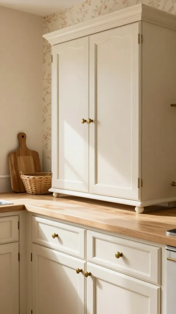 A close-up, high-angle, realistic photo showcasing beautifully styled classic French Country kitchen cabinetry. The elegant upper and lower cabinets are painted a soft creamy off-white with gentle curves, ornate decorative molding, and a subtly distressed finish, featuring antiqued brass hardware. In the background, warm beige walls are visible, subtly complemented by hints of a light terracotta or delicate floral wallpaper. Natural wood countertops are adorned with a rustic wooden cutting board and a woven basket. Soft, natural light streams in, highlighting the textures and creating a warm, inviting, and timelessly romantic scene. High-quality kitchen photography, no text.