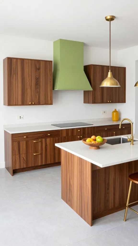 A high-angle, wide shot of a stunning mid-century modern kitchen makeover, showcasing sleek, flat-panel lower and some upper cabinetry crafted from rich walnut veneer. A distinct section of upper cabinets provides a bold accent in avocado green. All cabinets feature simple, understated brass hardware. Crisp white walls frame the space, complemented by light grey large format floor tiles and a light speckled quartz countertop. Natural light floods the kitchen, highlighting a brass pendant light fixture over a central island. Subtle accents include a teak fruit bowl, a brass faucet, and a mustard yellow ceramic vase, all contributing to a vibrant, retro-inspired aesthetic. Photorealistic, high-quality interior photography, no text.