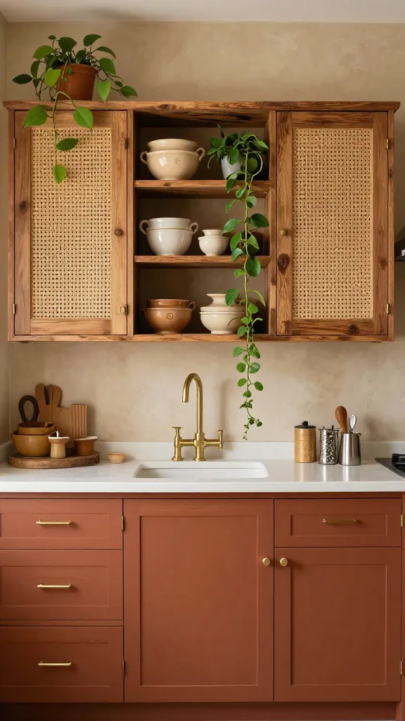 A sun-drenched, bohemian kitchen showcasing a unique mix of renovated cabinets. Upper cabinets feature natural cane inserts on some doors, interspersed with open shelving crafted from exposed, rustic wood displaying handcrafted ceramic pottery and trailing green plants. The lower cabinets are painted in a deep, earthy terracotta, providing a rich, warm foundation. All cabinetry is adorned with elegant brass hardware. The walls are finished with a subtle, textured earthy beige plaster, enhancing the organic, collected aesthetic. High-quality, realistic photo, natural light. No text.