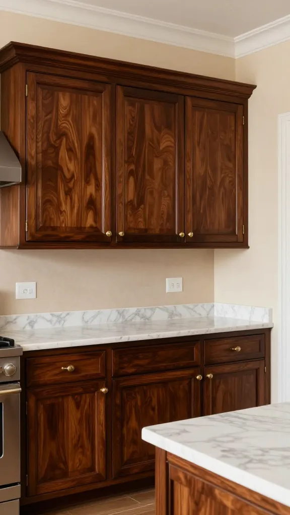 A high-quality, realistic photograph showcasing a luxurious classic traditional kitchen makeover. The central focus is a grand expanse of custom kitchen cabinets, meticulously crafted from rich, dark stained mahogany wood with elegant raised panel doors. These stately cabinets are adorned with polished brass hardware that gleams subtly. Pristine white marble countertops with delicate grey veining flow across the surfaces, complemented by a sophisticated light taupe backsplash. The walls are painted in a warm cream color, enhancing the refined grandeur. The scene is bathed in soft, natural light, exuding timeless beauty and quiet luxury, meticulously styled to highlight the pristine, high-end renovation. No text.