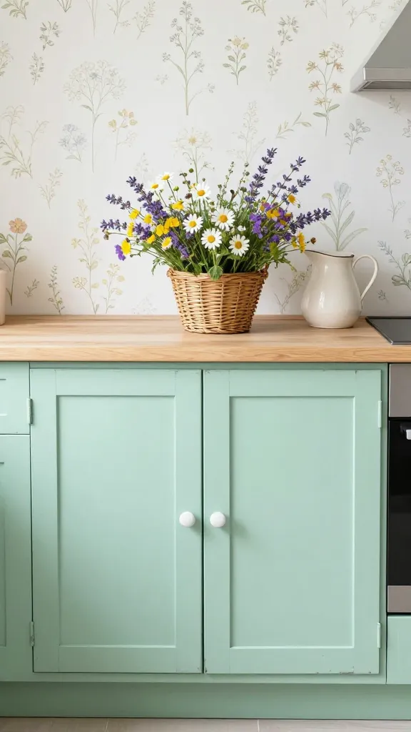 A high-resolution, professional interior photograph showcasing a bright and cheerful cottagecore kitchen. The focal point is a section of freshly made-over kitchen cabinets, painted in a soft, muted mint green with subtly distressed edges that evoke a charming, homespun feel. The cabinet doors feature delicate white ceramic knobs. Behind the cabinets, the wall is adorned with a subtle, light-colored floral wallpaper featuring small, whimsical wildflower patterns on a crisp white background. On the light wood countertop, a small wicker basket overflows with vibrant fresh wildflowers like daisies and lavender, positioned next to a vintage ceramic pitcher. Abundant natural light streams into the space, highlighting the textures and colors, creating an idyllic and inviting atmosphere.