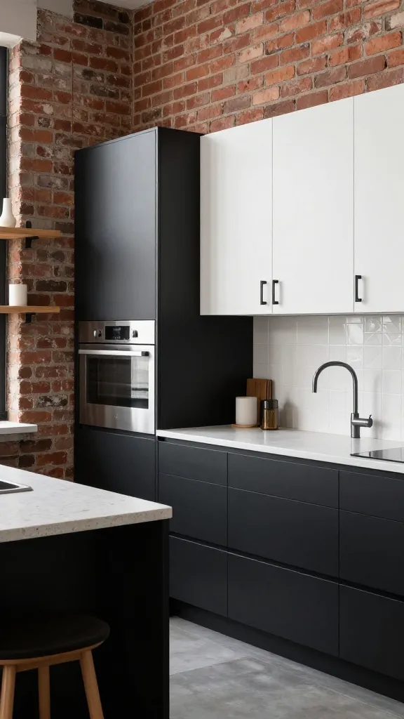 A realistic, high-quality professional interior photograph showcasing a modern urban loft kitchen. The central focus is the dramatic black and white cabinetry makeover: sleek matte black lower cabinets are contrasted with crisp white upper cabinets, all featuring elegant matte black bar pulls. An authentic exposed brick wall serves as a sophisticated backdrop. Integrated stainless steel appliances and a light grey quartz countertop enhance the contemporary feel. Natural wood elements, such as open shelving with minimalist decor and modern bar stools, add warmth. A subtle geometric pattern is visible in the white tile backsplash. The overall aesthetic is bold, high-contrast, and effortlessly cool, bathed in bright, natural light. No text.