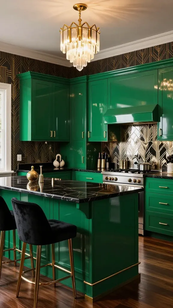 A high-angle, realistic professional photograph of a luxurious Art Deco kitchen, showcasing custom, high-gloss emerald green kitchen cabinets as the prominent feature. The sleek cabinetry reflects the ambient light, highlighting its polished finish and adorned with elegant, geometric polished gold hardware. A large kitchen island with a dark, reflective black marble countertop featuring subtle gold veining sits in the foreground, flanked by two rich black velvet bar stools with polished gold legs. The walls are covered in a sophisticated dark geometric wallpaper with metallic gold accents, complementing a mirrored backsplash etched with a subtle Art Deco geometric pattern. Overhead, a statement Art Deco chandelier with gold and frosted glass elements casts a warm, inviting glow. Polished dark hardwood floors extend throughout the opulent space, which is meticulously styled to exude Gatsby-level glamour. No text on image.