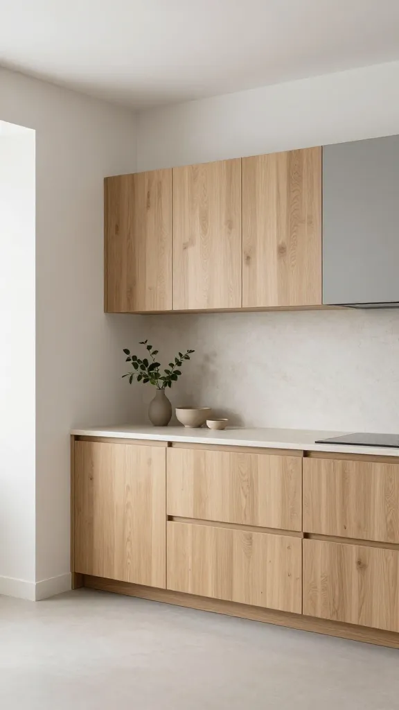A professional interior photograph of a serene Japandi kitchen, emphasizing its tranquil and uncluttered aesthetic. The central focus is the cabinetry: sleek, flat-panel kitchen cabinets crafted from natural light oak wood dominate, seamlessly integrated with a section of soft, muted grey flat-panel cabinets on an adjacent wall, showcasing a balanced, minimalist design. The cabinetry features an integrated handleless design for a clean, streamlined look. Light, matte natural stone countertops and a matching backsplash provide a harmonious surface. Walls are pure white with a subtle, textured plaster finish. Minimalist black fixtures, a few handcrafted ceramic pieces, and abundant, strategically placed greenery in simple vessels add warmth and life. Soft, natural light illuminates the space, enhancing the natural textures and creating an inviting, peaceful atmosphere. High-definition, realistic, no text.