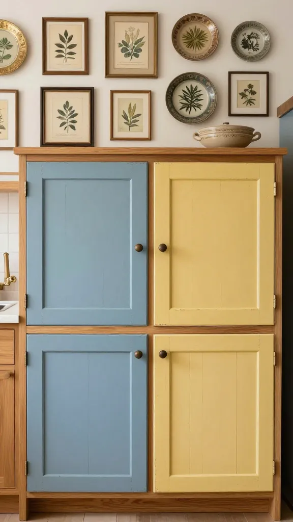 A high-resolution, realistic interior design photograph capturing a charming, eclectic kitchen. The focal point is a section of repurposed kitchen cabinets, showcasing a deliberate mix-and-match aesthetic. Cabinet doors are painted in a dusty blue and a creamy yellow, both with subtle distressing to reveal their vintage character, interspersed with sections of warm natural wood finish. The hardware is intentionally mismatched, featuring various vintage pulls and knobs. The wall behind the cabinets is painted a warm off-white and adorned with a curated gallery wall displaying an array of framed vintage botanical illustrations and antique decorative plates, emphasizing the 'found objects' theme. Soft, natural light illuminates the space, highlighting the textures and unique details. The scene feels inviting, full of personality, and sustainably designed. No text.