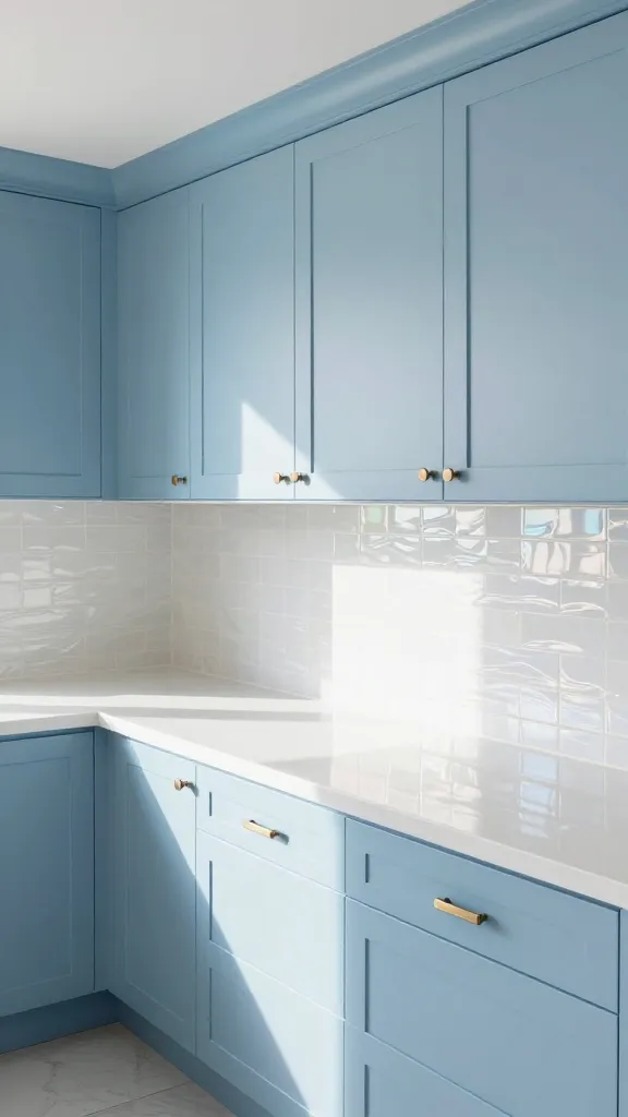A high-angle, wide shot of a pristine, sun-drenched modern kitchen, embodying coastal calm meets modern chic. The prominent feature is soft sky blue shaker-style base and wall cabinets, their clean lines evoking clear summer skies. Pristine white quartz countertops extend across the cabinetry, reflecting abundant natural light. A subtle wave-patterned backsplash of iridescent tiles shimmers delicately, mimicking gentle ocean ripples and adding sophisticated texture. Brushed nickel pull handles gleam on cabinet doors and drawers, providing a sleek, contemporary accent. The overall atmosphere is airy, light-filled, and serenely sophisticated, captured in a realistic, high-quality interior design photograph. No text.
