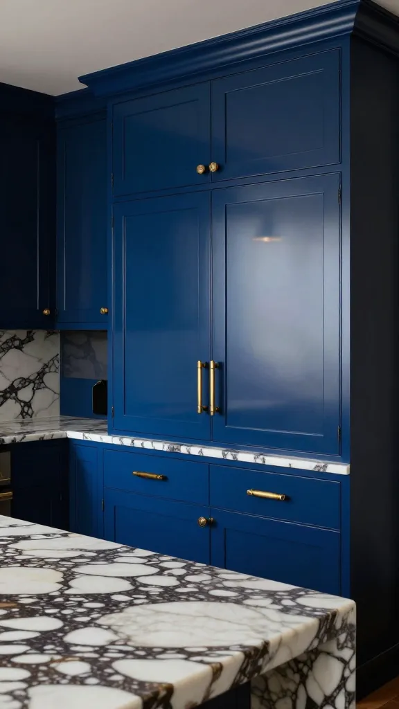 A high-quality, realistic photograph showcasing a luxurious and dramatic maximalist kitchen. The focal point is deep sapphire blue kitchen cabinets, featuring a high-gloss finish that beautifully reflects ambient light. Prominent chunky brass pulls and ornate brass knobs provide a striking contrast against the dark blue cabinetry. An opulent marble countertop with bold, dramatic veining extends across the space. The overall aesthetic is rich with saturated jewel tones and an abundance of luxurious textures, creating a statement-making and visually rich interior. Architectural photography, no text.