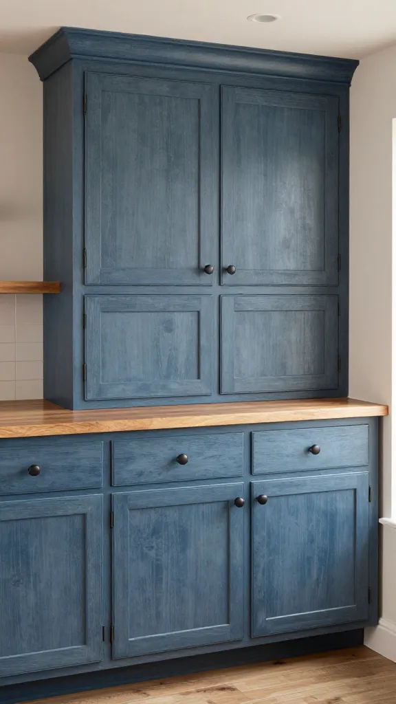 A rustic farmhouse kitchen with a laid-back, denim-inspired twist. The central focus is on the kitchen cabinets, which are a distressed denim blue with a subtle gray undertone, showcasing a perfectly worn-in, lived-in texture. Warm, thick butcher block countertops complement the cabinets beautifully. Matte black cup pulls are featured on the drawers, and simple matte black knobs are on the cabinet doors. The kitchen exudes a cozy, inviting, and effortlessly cool ambiance, bathed in soft, natural light. This is a high-quality, realistic photograph, captured from a slightly wide-angle perspective.