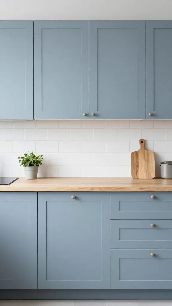 A high-quality, realistic photograph of a serene Scandinavian kitchen. The central focus is on minimalist, flat-panel kitchen cabinets painted in a soft, dusty blue, ex exuding a gentle and understated elegance. These cabinets are paired with light-toned wood countertops, showcasing the subtle grain of birch or ash. A simple white subway tile backsplash extends above the countertops, contributing to the clean aesthetic. Cabinet hardware is minimal, featuring either subtle integrated finger pulls or small, sleek leather pulls on select drawers and cabinets. The overall design emphasizes clean lines, natural materials, and a sense of calm functionality. Soft, diffused natural light fills the space, highlighting the textures and colors. The kitchen is impeccably tidy, with perhaps a single minimalist wooden cutting board or a small potted herb plant subtly placed to enhance the warmth. Shot at eye-level, capturing the peaceful and balanced atmosphere. No text on image.