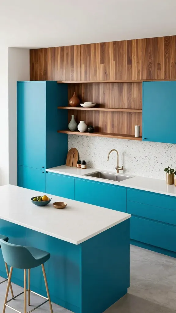 A high-angle, realistic, professional interior photograph of a vibrant Mid-Century Modern kitchen, exuding a playful and energetic spirit. The focal point is sleek, handleless cabinetry in a vivid teal blue, creating a bold statement. These vibrant cabinets are beautifully contrasted by a prominent warm walnut wood feature wall and matching open shelving displaying a few curated, organically shaped decorative items. White laminate countertops with a subtle speckle pattern extend across the kitchen, complemented by a terrazzo backsplash that adds a touch of retro charm. A kitchen island or counter features a set of elegant tapered leg bar stools, inviting interaction. The space is brightly lit with natural light, emphasizing the clean lines, bold colors, and stylish, contemporary spin on atomic age design. No text.
