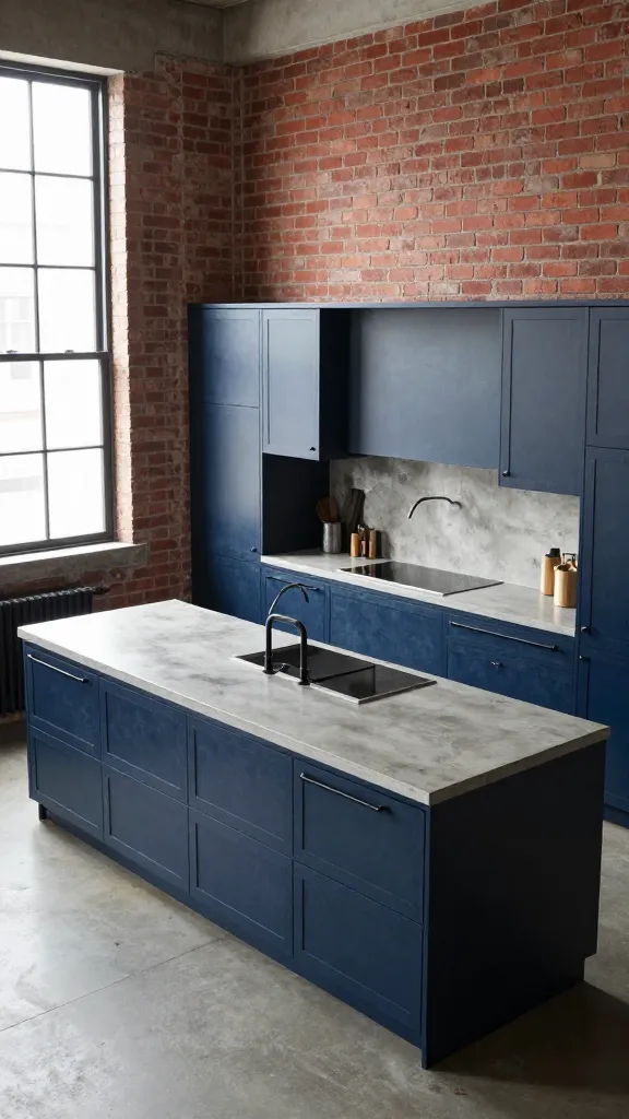 A high-angle, wide shot of a sophisticated urban loft kitchen, featuring dark slate blue cabinets with a subtle matte lacquer texture. Polished concrete countertops extend across the cabinetry, which is fitted with bold black pipe hardware. An exposed red brick accent wall provides a classic industrial feel, contrasting with modern finishes. The space is bathed in bright, natural light from large windows, showcasing the rugged yet refined aesthetic of the industrial chic design. Realistic, high-quality photograph.