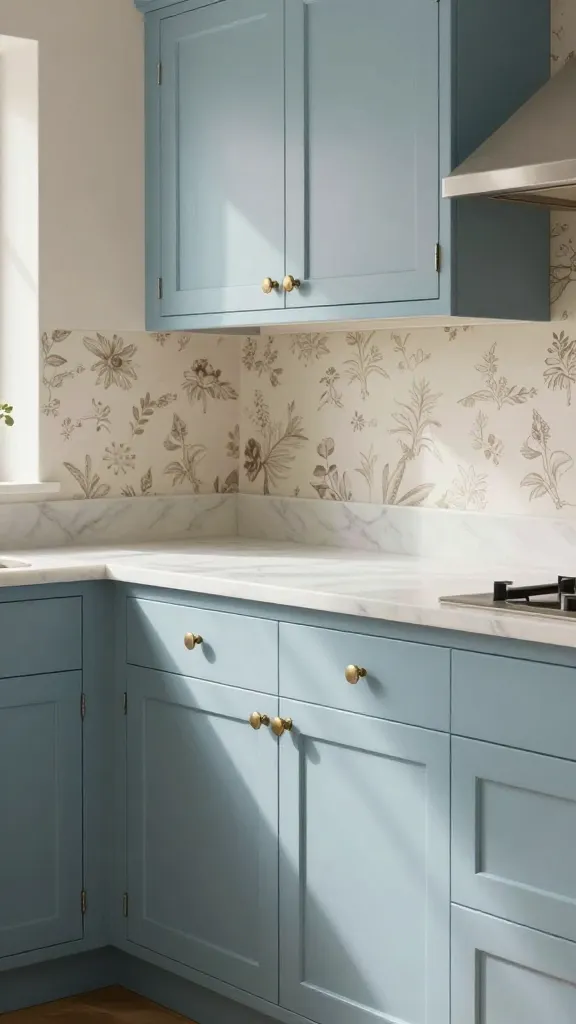 A high-quality, realistic photograph of an enchanting French Country kitchen. The focal point is a section of powder blue kitchen cabinets, exquisitely detailed with delicate beadboard panels, exuding timeless elegance. These charming cabinets are crowned with creamy white marble countertops that reflect the soft, natural light streaming into the room. A subtle patterned toile backsplash in muted tones graces the wall above the counter, adding a touch of rustic romance. Each cabinet door is fitted with antique brass knob hardware, complementing the warm aesthetic. The overall scene is bathed in a gentle, inviting glow, showcasing the kitchen's warmth and sophisticated charm. No text.