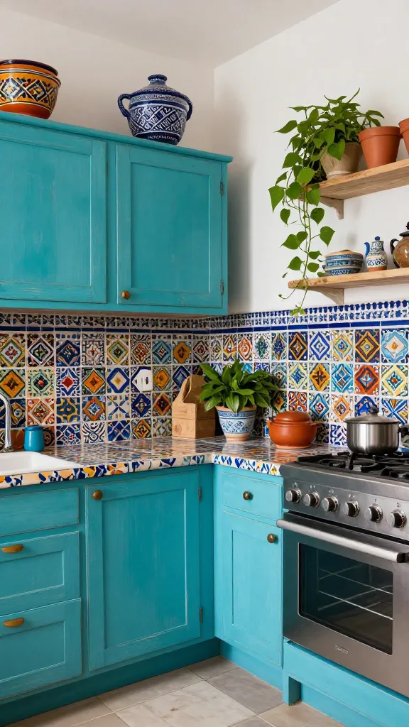 A vibrant, eclectic bohemian kitchen, captured in a high-quality, realistic photo. Bold turquoise kitchen cabinets, featuring a subtly distressed finish, serve as the prominent focal point. The countertops are crafted from colorful, intricately patterned tiles, adding serious visual impact. A Moroccan-inspired tile backsplash, bursting with vibrant, complex patterns in rich jewel and earthy tones, covers the wall above the counters. The space exudes a harmonious blend of color, pattern, and texture, feeling like a creative sanctuary. Natural light illuminates the scene, showcasing details such as handcrafted pottery and lush green plants on open shelves. No text.