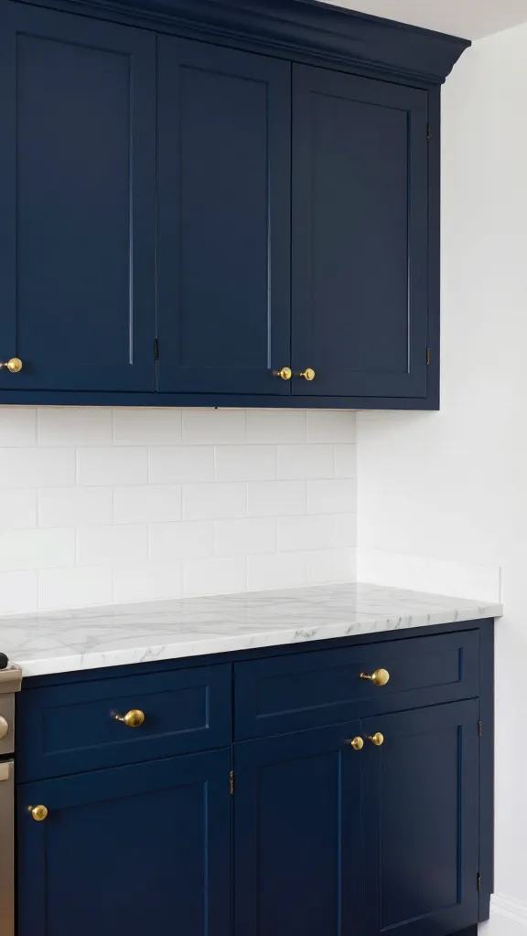 A realistic, high-quality photograph of a sophisticated and elegant kitchen. The prominent feature is rich navy blue shaker cabinets, providing a timeless and luxurious backdrop. These cabinets are perfectly complemented by bright white Carrara marble countertops. Polished brass pulls and knobs gleam like refined jewelry against the navy, adding a touch of modern glamour. A crisp white subway tile backsplash provides a clean, bright contrast. The scene is bathed in soft, natural light, highlighting the exquisite textures and the striking contrast between the dark cabinets and light surfaces. The overall impression is one of established grandeur with a contemporary edge.