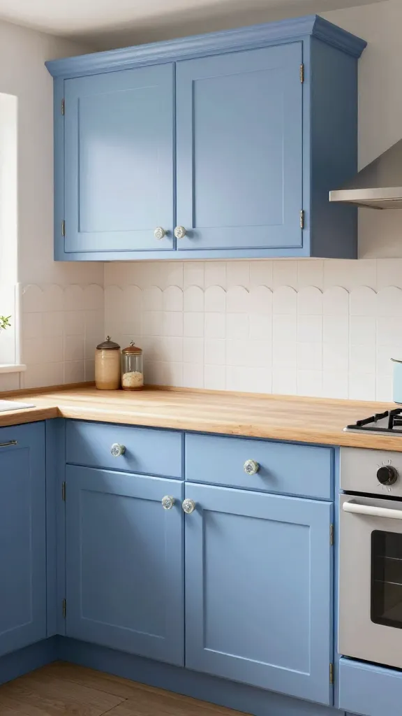 A realistic, high-quality photograph of a whimsical cottage kitchen, brimming with charm and soft, natural light. The focal point is the periwinkle blue kitchen cabinetry, a delightful blend of blue and purple, featuring gentle curves and vintage-inspired ceramic knobs and delicate glass pulls. White beadboard walls provide a clean, bright backdrop, complementing the light maple wood countertops. A soft white scalloped edge tile backsplash adds a playful, elegant detail. The scene evokes a happy, storybook atmosphere, captured with sharp focus and inviting warmth. No text.