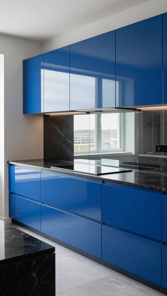 A high-quality, realistic photograph of a luxurious, cutting-edge contemporary kitchen. The focal point is sleek, handleless sapphire blue kitchen cabinets with a high-gloss finish, creating an intense, modern depth. Dark, dramatic black granite countertops provide a striking contrast. A seamless, full-height mirror backsplash reflects the room, enhancing the sophisticated and uninterrupted surface. The kitchen features clean lines and a minimalist aesthetic, with subtle integrated LED lighting accentuating the bold design. Natural light gently illuminates the space from a large window, highlighting the reflective surfaces and the clean, sharp edges. No text.