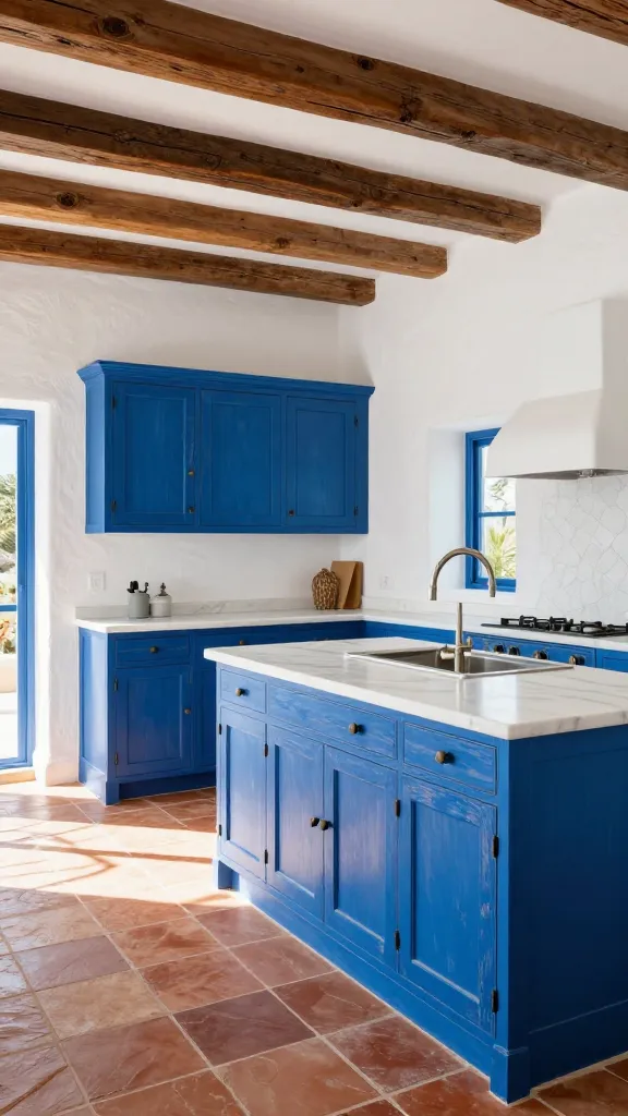 A breathtaking, sun-drenched wide shot of a luxurious Mediterranean villa kitchen. The focal point is the stunning Aegean blue kitchen cabinetry, featuring a beautifully distressed and hand-painted finish that evokes old-world charm. The floor is laid with warm, rustic terracotta tiles, while the walls are textured white stucco, bathed in bright, natural light. Overhead, substantial rough-hewn dark wood beams span the ceiling, adding authentic architectural detail. Gleaming honed white marble countertops complement the vibrant blue. The scene is filled with rich textures and natural elements, creating a warm, inviting, and elegant atmosphere reminiscent of the Greek coast. High-resolution, realistic photograph, taken with a wide-angle lens, natural light, no text.
