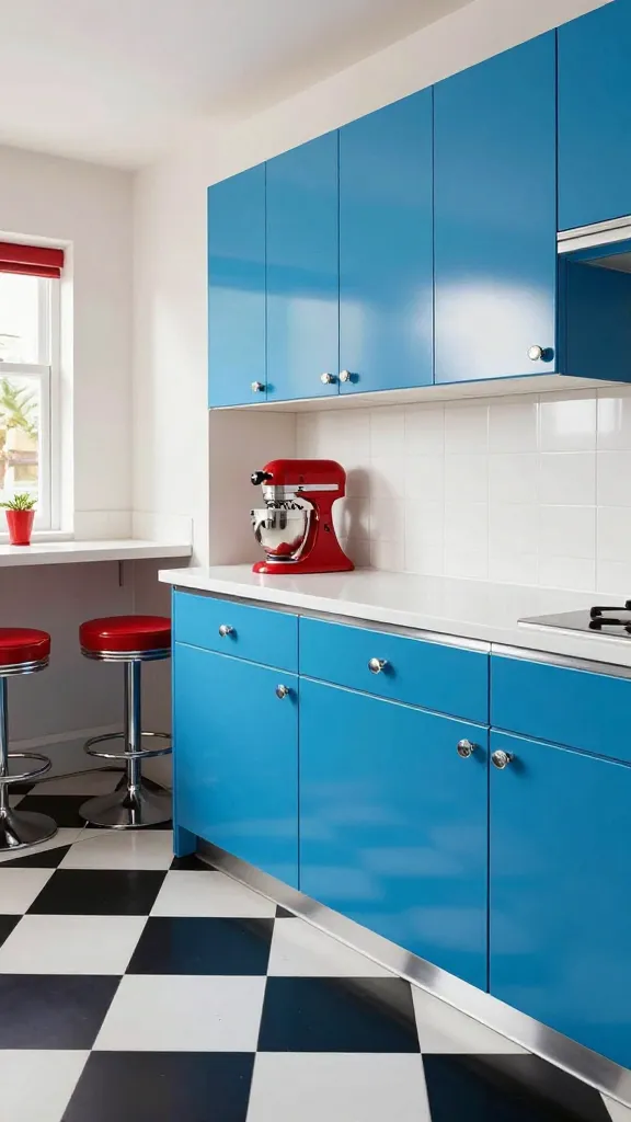 A high-quality, professional architectural photograph of a vibrant, retro-inspired kitchen. The focal point is sleek, robin's egg blue kitchen cabinets, featuring subtle chrome trim on some edges and simple, rounded door and drawer fronts, all adorned with polished chrome hardware. Pristine white laminate countertops with a distinct chrome edge are prominently featured. The floor is covered in classic black-and-white checkered tile. The space exudes a playful, updated 1950s diner aesthetic, with cheerful classic red accents, such as a vintage-style stand mixer on the counter and red bar stools at a small breakfast nook. Bright, inviting natural light fills the room, highlighting the cheerful color palette and glossy surfaces. Realistic, no text.