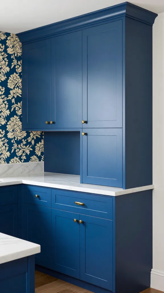A high-resolution, professional photograph of a Grandmillennial chic kitchen. The focal point is a set of classic shaker-style cobalt blue kitchen cabinets, adorned with ornate brass pulls and hardware with a vintage feel. Gleaming white marble countertops complement the rich blue. An accent wall behind the cabinets features a vibrant chintz patterned wallpaper, adding a playful yet traditional touch to the space. The kitchen is brightly lit, showcasing intricate details and a sophisticated charm with a modern twist, captured in a realistic style. No text.