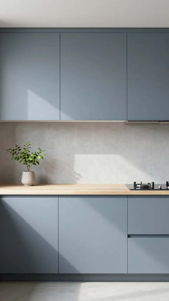 A high-resolution, realistic photograph of a tranquil and harmonious minimalist kitchen designed as a Zen retreat. The prominent cabinetry is a serene matte blue-gray. Light white oak wood countertops complement the cabinets, while a simple, textured light gray backsplash with a subtle vertical pattern extends across the wall. Soft natural light streams into the space, illuminating the clean lines and uncluttered surfaces. A small, elegant green plant in a minimalist pot on the counter adds a natural element. The overall atmosphere is calming and promotes clarity, with no text or distracting elements.