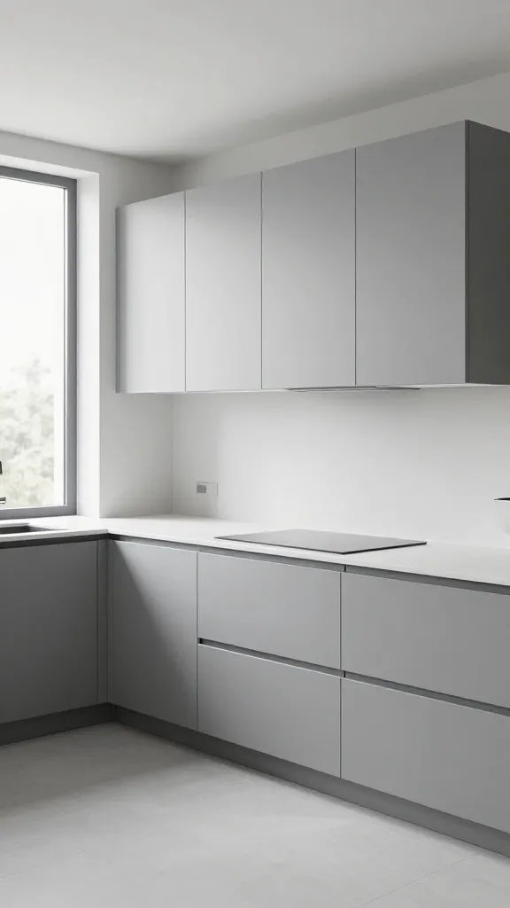 A high-quality, realistic photograph capturing a modern minimalist kitchen. The central focus is on the sleek, flat-panel kitchen cabinets, rendered as seamless slab doors in a sophisticated matte light grey finish. These handleless cabinets feature integrated finger-pull channels, presenting an utterly uninterrupted smooth facade across both the upper and lower units. The kitchen space is meticulously clutter-free, with pristine white quartz countertops that gleam under abundant natural light filtering through a large, frameless window. A flush-mounted induction cooktop is seamlessly integrated into the counter, and a discreet undermount sink with a minimalist chrome faucet reinforces the clean aesthetic. The overall atmosphere is one of serene, understated elegance, reminiscent of an art gallery, with every line clean and every surface reflecting a sense of calm functionality. The lighting is bright, even, and inviting. No text on image.