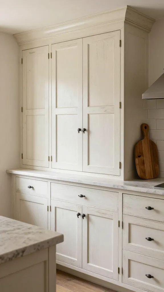 A realistic, high-quality photograph of a warm and inviting rustic farmhouse kitchen. The prominent feature is a run of classic Shaker-style kitchen cabinets, finished in a beautifully distressed, soft off-white paint that reveals subtle hints of natural wood beneath, embodying a lived-in history. The cabinets showcase their timeless clean lines and recessed center panels, adorned with vintage-inspired black wrought iron pulls. Natural light gently illuminates the space, creating a cozy atmosphere. A light, subtly veined stone countertop complements the cabinets, and a large wooden cutting board leans against a simple subway tile backsplash, adding to the authentic farmhouse charm. The scene evokes a sense of comfort and understated elegance.