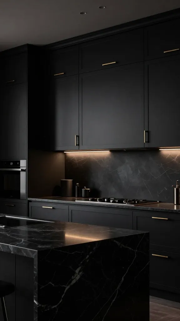 Realistic, high-quality professional photograph of a sophisticated and dramatic modern kitchen. The focal point is a wall of luxurious, deeply saturated matte black kitchen cabinets, extending floor-to-ceiling, making a bold, monolithic statement. These cabinets feature sleek, brushed brass hardware. A substantial dark marble island with subtle white veining sits prominently, reflecting soft, ambient lighting from recessed ceiling fixtures and discreet under-cabinet LED strips, which cast moody, intimate shadows. The overall atmosphere is incredibly chic and slightly theatrical, with minimal, high-end decor. The scene emphasizes rich textures and striking contrasts, creating an intimate and sophisticated glow. No text.
