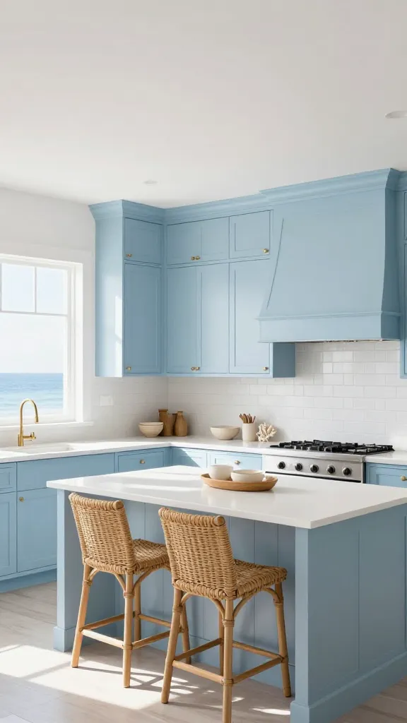 A high-angle, realistic photograph capturing a stunning, bright, and airy coastal kitchen. The focal point is a wall of bespoke light blue shaker-style kitchen cabinets, extending from floor to ceiling, showcasing both upper and lower units, with brushed nickel hardware. These cabinets are illuminated by abundant natural light pouring in from large windows, creating a soft, inviting glow. White quartz countertops contrast beautifully with the pale blue, and a pristine white subway tile backsplash extends up to the upper cabinets. A large kitchen island, also with light blue shaker panels and a white countertop, sits centrally, featuring two woven rattan bar stools, subtly reinforcing the coastal theme. Light wood open shelving displays a few carefully placed ceramic bowls and a small piece of natural coral. The overall ambiance is serene, fresh, and deeply relaxing, evoking a luxurious seaside retreat. High-quality, professional photography, natural lighting, no text.