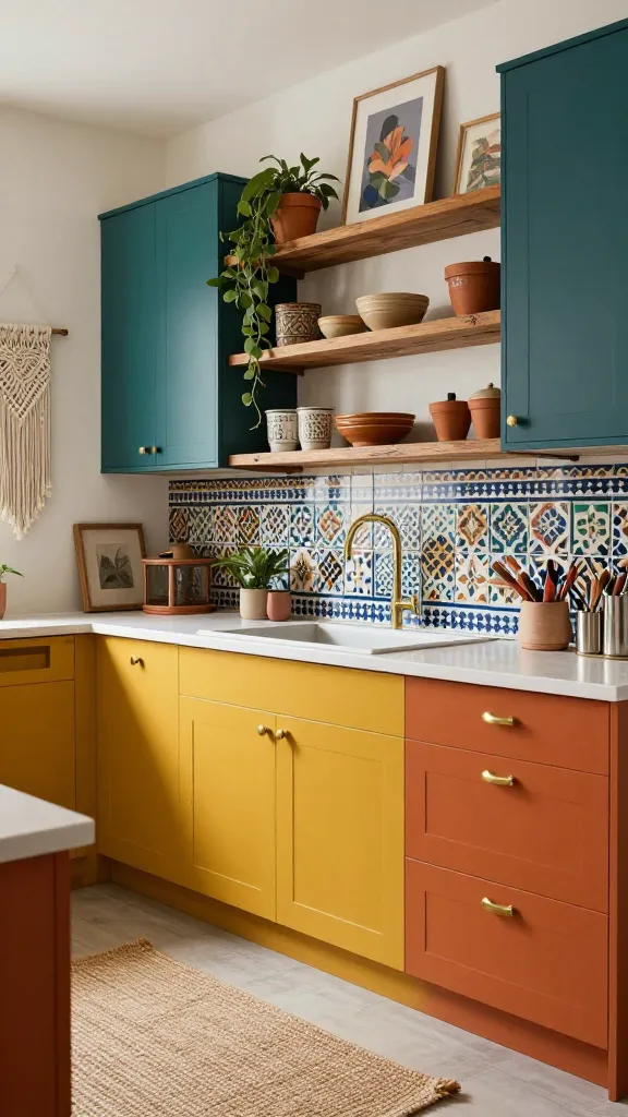 A high-quality, realistic photo of an eclectic boho kitchen, focusing on the vibrant, mismatched kitchen cabinets. The main subject features base cabinets painted in a warm mustard yellow, upper cabinets in a deep teal, and a freestanding hutch in a rich terracotta orange, all with brushed brass hardware. Integrated rustic wooden open shelving displays a variety of trailing plants in terracotta pots, handcrafted ceramic bowls, and globally-inspired art. A patterned Moroccan tile backsplash adds texture and color. A woven jute rug and macrame wall hangings enhance the bohemian feel. Natural light fills the space, highlighting the mix of textures and patterns, creating an artistic, free-spirited, and inviting atmosphere. No text.