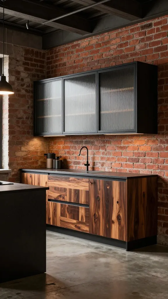 A high-quality, realistic photograph of a spacious Industrial Chic loft kitchen, where the prominent kitchen cabinets are the main subject. The lower cabinets are crafted from dark, exposed-grain wood, emphasizing their natural texture and structural integrity, while the upper cabinets feature sleek black metal frames with reeded glass inserts. These cabinets are set against a backdrop of raw exposed red brick walls and polished concrete flooring, with visible steel beams and exposed ductwork on the ceiling. Warm, directional industrial pendant lighting above a dark, textured kitchen island casts an inviting glow, beautifully blending the rugged utilitarian aesthetic with surprising warmth and refinement.