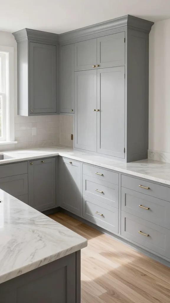 A high-angle, wide shot of a sophisticated, timeless transitional kitchen. The primary focus is on the elegant Shaker-style kitchen cabinets, painted in a refined soft grey finish. The cabinetry seamlessly bridges classic charm with modern sleekness, featuring clean lines and subtle, brushed nickel hardware. Light, veined natural stone countertops complement the grey. The kitchen is bright and airy, with natural light illuminating the space, showcasing the refined textures and balanced design. The overall aesthetic is one of enduring elegance and modern simplicity, captured with realistic detail and high resolution.
