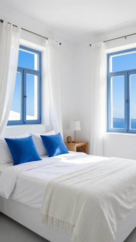 A high-quality, realistic photograph of a serene Santorini-style Mediterranean bedroom, bathed in abundant natural light streaming through large windows. The walls are freshly painted crisp white, and the comfortable bed is impeccably made with pristine white linens. Vibrant Aegean blue is introduced as an accent through decorative throw pillows and a lightweight, textured blanket draped artfully at the foot of the bed. A natural wood nightstand with a simple, elegant lamp sits beside the bed, and subtle touches of rattan are incorporated into a decorative element or a small chair. Sheer, breezy white curtains frame the windows, which offer a glimpse of a vibrant blue sky. The overall atmosphere is fresh, airy, and utterly timeless, evoking a postcard-perfect Greek island villa feel.