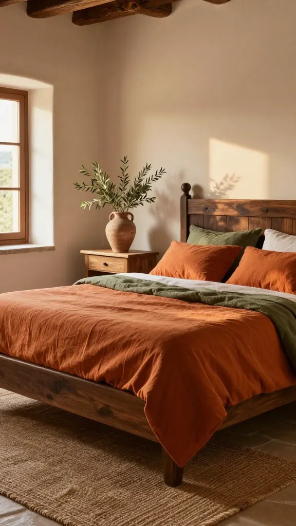 A realistic, high-quality, professional photograph of a warm and inviting rustic Mediterranean bedroom. A substantial dark wood bed frame dominates the center, adorned with luxurious, layered linen bedding in shades of burnt orange, deep terracotta, and muted olive green. The soft cream-painted walls reflect the gentle, golden sunlight streaming in from a window, creating a serene glow. A rustic wooden nightstand holds a handcrafted clay vase with fresh olive branches. The room features earthy, natural materials like a woven jute rug and subtle wooden accents, evoking the sun-baked charm of a Tuscan farmhouse or Spanish hacienda. No text.