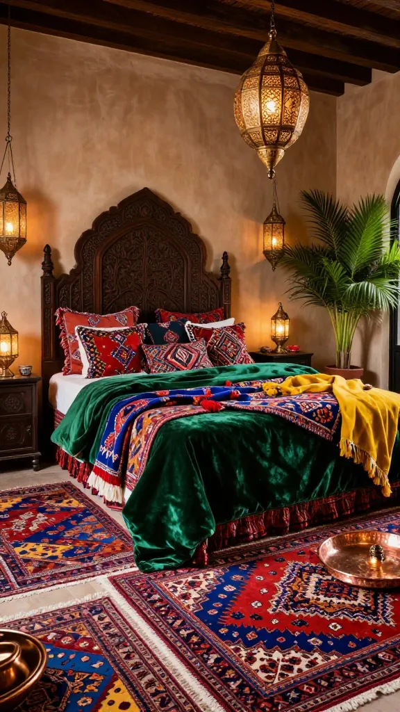 A high-resolution, photorealistic interior photograph showcasing a luxurious Mediterranean bedroom styled in a Moroccan Bazaar Bohemian Rhapsody theme. The centerpiece is a grand bed with an ornate, dark wood carved headboard, lavishly dressed with layered textiles: a rich emerald green velvet duvet, multiple patterned throws in deep sapphire blue, ruby red, and saffron yellow, and an abundance of decorative pillows featuring intricate Moroccan and bohemian patterns. The floor is covered with overlapping, richly patterned Persian and Moroccan rugs in jewel tones. Warm, inviting light emanates from intricate brass and copper lanterns, some hanging from the ceiling, others placed on dark wood bedside tables. Metallic accents, including a hammered copper tray and decorative brass objects, catch the light. A large, vibrant potted plant with lush green foliage adds a natural touch. The walls are a warm, textured neutral plaster, providing a sophisticated backdrop to the explosion of color and pattern. The scene is captured with natural light streaming in, highlighting the rich textures and creating an enchanting, exotic, and inviting atmosphere.