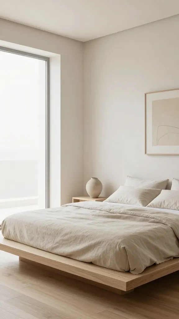 A high-quality, realistic photograph of a serene and sophisticated Modern Mediterranean minimalist bedroom. The central focus is a sleek, low-profile platform bed crafted from light, natural wood, perfectly made with luxurious, subtly textured linen bedding in muted earthy tones of soft beige and off-white. The walls are painted a gentle, warm off-white, enhancing the room's expansive and uncluttered aesthetic. Soft, natural light floods the space from a large, unadorned window, casting a peaceful glow. Thoughtfully placed, high-quality minimalist decor includes a single, elegantly curved ceramic vase on a simple bedside table and a framed abstract art piece with a muted, calming palette. The flooring is natural light wood, grounding the space. The overall design emphasizes clean lines, natural materials, and a sophisticated, calming warmth. No text.