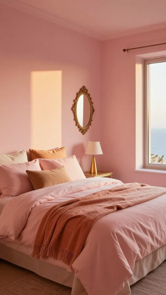 A high-quality, realistic photograph of a luxurious Mediterranean bedroom, drenched in the warm, soft glow of a permanent golden hour. The walls are a very pale blush pink, creating a sun-kissed backdrop. A large bed is sumptuously dressed with layered bedding in soft blush pink, terracotta, and muted coral, complemented by cream and sandy beige throw pillows and a textured blanket. Subtle accents of gold and brass are visible in a stylish bedside lamp and a decorative mirror frame, catching the warm light. The room exudes a romantic, dreamy, and vibrantly soothing atmosphere, perfectly capturing the breathtaking colors and inviting warmth of an Aegean sunset. Interior design magazine quality. No text.