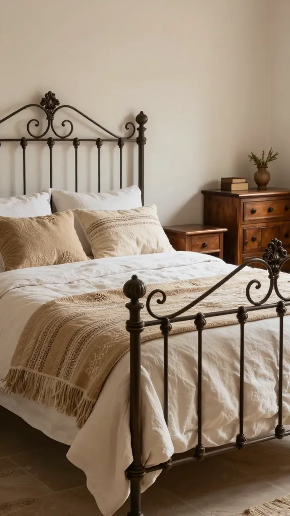A high-quality, realistic photograph of an elegant Cypriot Chic Mediterranean bedroom. The central focus is a magnificent, ornate wrought iron bed frame, intricately detailed with classic scrollwork, serving as a statement piece. The bed is layered with soft, inviting textiles made of natural linen and cotton, in warm, muted tones like cream, off-white, and earthy beige, occasionally featuring subtle, traditional woven patterns or delicate embroidery. Complementing the bed, rich, deep-toned wooden furniture, such as a sturdy bedside table or dresser, showcases classic craftsmanship and adds a sense of tradition. The room is bathed in soft, diffused natural light, creating a refined yet cozy atmosphere that embodies rustic charm and Mediterranean elegance. No text.