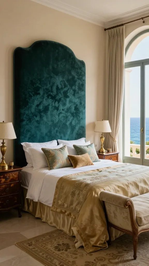 A grand Mediterranean bedroom exuding seaside villa grandeur. The focal point is a substantial, tall headboard, possibly upholstered in a rich, deep teal velvet or a subtly patterned silk, against a sophisticated warm cream wall. The bed is adorned with layers of high-thread-count white cotton sheets, a luxurious silk duvet in a muted gold or soft sage green, and decorative throw pillows featuring intricate embroidery and velvet accents. Antique-inspired dark wood nightstands flank the bed, each topped with a classic brass lamp with a pleated shade. A vintage distressed wooden chest or a delicate chaise lounge upholstered in a complementary fabric sits near the foot of the bed. Sunlight streams through tall, arched windows, revealing a breathtaking glimpse of the sparkling Mediterranean Sea beyond. The room features elegant drapery in a sheer linen or silk blend, a subtle antique rug, and carefully curated vintage decor pieces, creating an atmosphere that is both opulent and inviting, never stuffy. High-quality realistic photo, natural light.