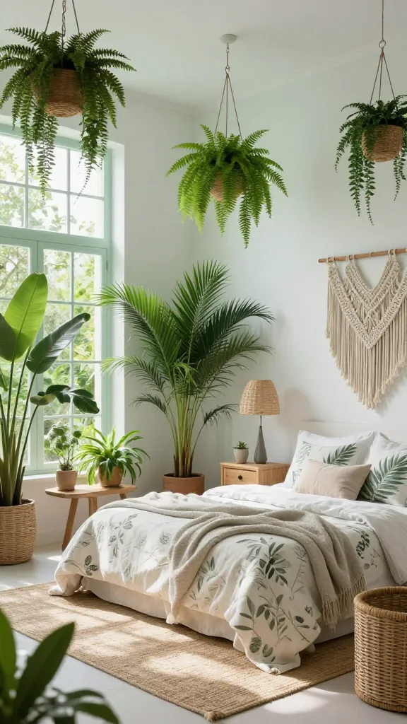 A bright and serene Mediterranean botanical oasis bedroom, bathed in abundant natural light streaming through large windows. The walls are painted a crisp white or a very pale, soothing mint green. The room is lush with an abundance of live potted plants of various sizes, including tall palms, ferns, and trailing greenery, strategically placed on natural wood bedside tables, woven plant stands, and hanging gracefully from ceiling hooks. The comfortable bed, positioned centrally, features natural linen bedding with subtle botanical leaf prints and a soft, textured throw blanket. Furniture includes light natural wood bedside tables with simple lines and a woven rattan armchair in a corner, all resting on a light-colored jute rug. Woven textures are further emphasized by a large, intricate macrame wall hanging above the bed and a rattan pendant light fixture. The overall atmosphere is refreshing, vital, and tranquil, creating a luxurious indoor garden retreat. High-quality, realistic photo, professional interior photography.