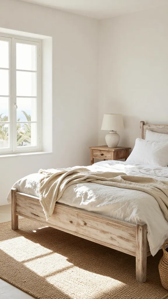 A sun-drenched, inviting Mediterranean bedroom designed in a coastal farmhouse style, bathed in abundant natural light streaming through a large window. The walls are a warm off-white, creating a bright and airy atmosphere. Dominating the room is a substantial, slightly distressed light-toned wooden bed frame, adorned with soft, lived-in white linen bedding that looks casually rumpled. A textured jute rug partially extends from beneath the bed, adding warmth. On one side, a simple weathered wood bedside table holds a minimalist ceramic lamp. A woven sisal basket sits near the bed, and a natural cotton throw is casually draped over the footboard. The overall aesthetic is effortlessly chic, combining rustic weathered textures with crisp, clean elements, evoking comfort and relaxed easy living. High-quality realistic photo, no text.