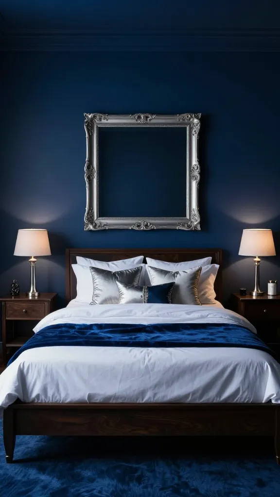 A luxurious and dramatic Mediterranean bedroom, with all walls painted in a deep, matte navy blue, creating an enveloping and sophisticated "Deep Blue Grotto" atmosphere. A grand bed with a dark wood frame is centered, adorned with crisp white linen bedding, a rich deep blue velvet throw blanket, and decorative pillows featuring subtle silver and gold accents. Dark wood bedside tables flank the bed, each topped with a sleek silver lamp casting a soft, ambient glow. A large, ornate silver-framed mirror hangs on one wall, adding to the room's mysterious depth. The lighting is dim and atmospheric, emphasizing textures and shadows, evoking the cool, sophisticated depths of the sea. High-quality, realistic photograph, no text.