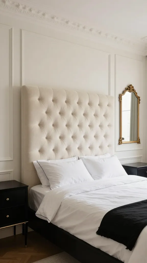 A high-quality, realistic interior design photograph of a luxurious Parisian chic bedroom. The walls are painted a delicate, creamy off-white, providing an elegant backdrop. The central focus is a grand, high tufted headboard upholstered in a soft, light cream fabric, exuding classic sophistication. On either side of the bed, sleek black nightstands with subtle, delicate gold pull hardware are perfectly positioned. Above one nightstand, an ornate antique mirror with a distressed gold frame adds to the timeless elegance. The room is bathed in soft, diffused natural light, highlighting the crisp contrast between the black accents and the creamy palette, creating an atmosphere of understated luxury and a five-star retreat. The bedding is crisp white with subtle black piping or a black throw.
